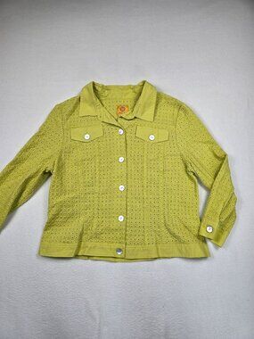 Ruby Rd Womens Eyelet Button-Up Shirt Jacket Sz 16 100% Cotton Chartreuse Yellow